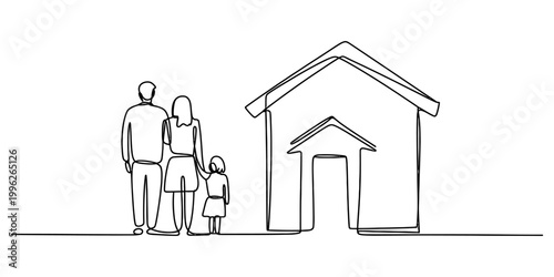 Continuous single line drawing of a happy family standing together in front of their new house home concept Vector, illustration