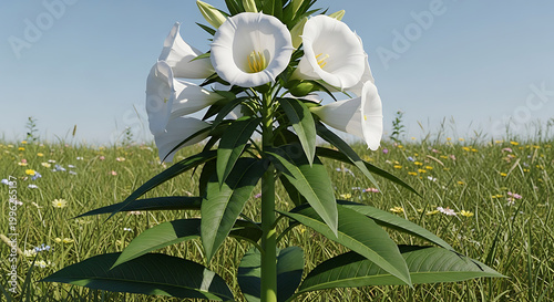 White foxglove flower in a meadow with a tall stalk of white foxglove flowers blooms vibrantly in a sunny green meadow foxglove blooming botanical wildflower sunlight