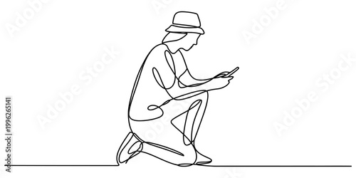 Continuous single line drawing of a woman wearing a bucket hat crouching down and looking at her mobile phone screen Vector, illustration