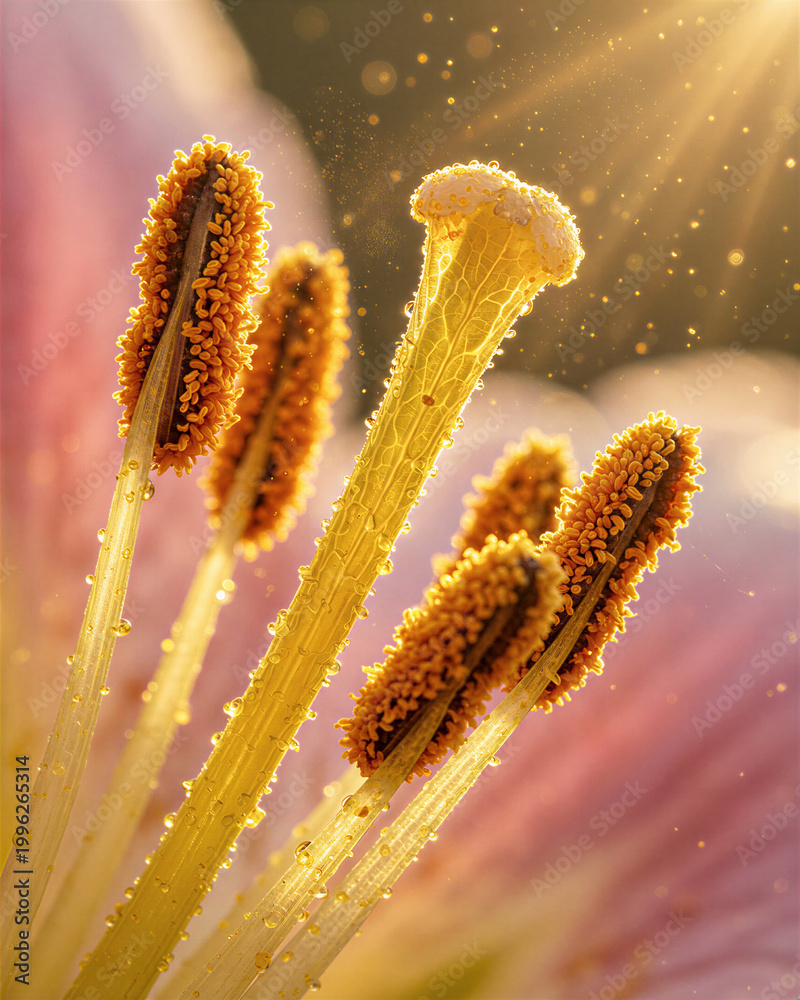 Naklejka premium Extreme macro of flower stamen shows golden pollen granules glistening under warm rim light with translucent filaments and atmospheric haze