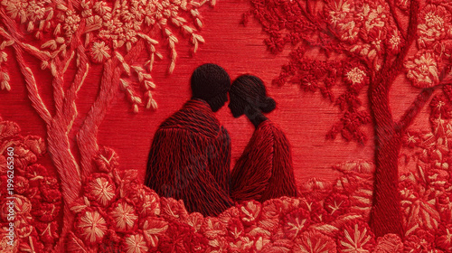 Embroidered artwork depicting two figures in silhouette, surrounded by floral patterns and trees, all in shades of red, creating a striking visual composition