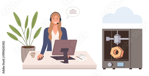 Customer service, 3D printing, remote work, technology, creativity, teamwork. Woman with headset at desk beside a 3D printer creating an object. Customer service and 3D printing concept