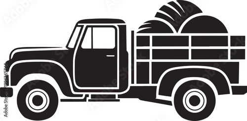 black truck with hay on back isolated on transparent background
