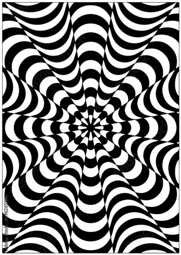 Abstract optical illusion background with black and white wavy spiral hypnotic patterns.