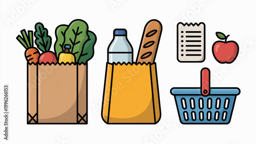 Minimal Grocery Shopping Essentials Line Art Set  Paper Bags, Fresh Produce, and Market Items