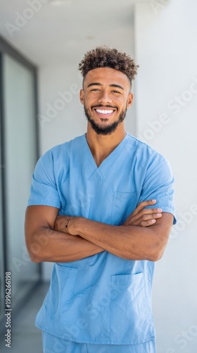 Smiling Male Nurse in Scrubs Standing with Arms Crossed Outdoors