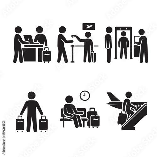 Airport passenger travel icons set, black silhouette airport terminal procedures, 6 vector pictograms of flight check-in and security screening