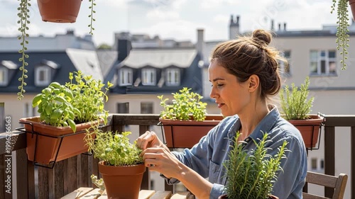 Adult woman tending to potted herbs on a balcony. Urban gardening and plant care hobby