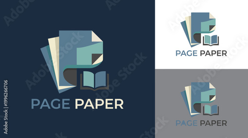 This image features a modern logo design representing a paper and book concept, showcasing professional aesthetics for a publishing or stationery brand.