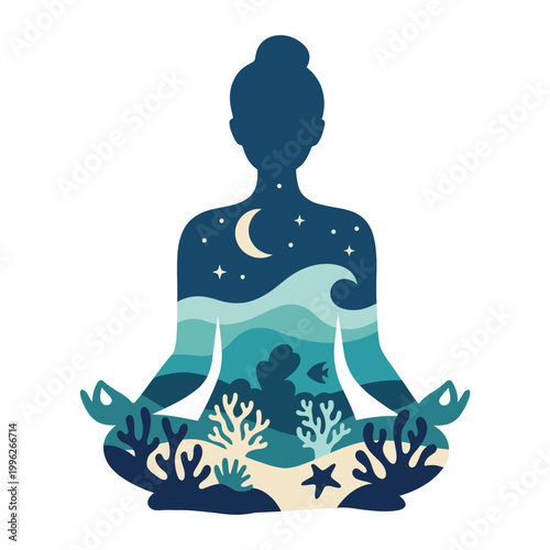 This captivating illustration features a meditative silhouette of a woman filled with ocean landscape elements, inviting tranquility and connection to nature and inner peace.