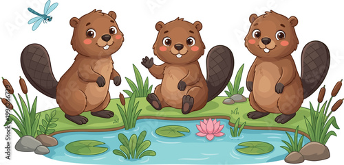 Cartoon vector illustration of three playful beavers near pond with lotus flower, cattails, dragonfly, and rocks