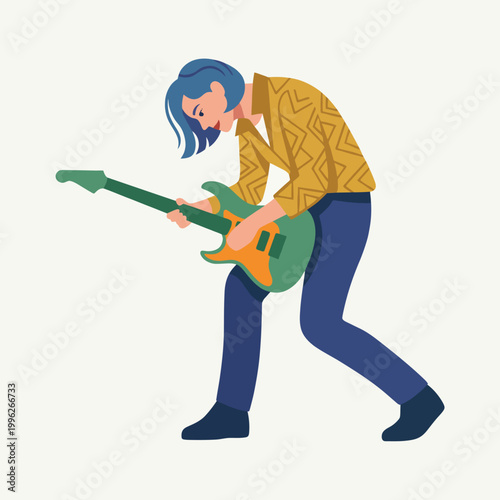 A talented musician effectively captivates the audience while energetically playing guitar on stage, embodying the passion and creativity found in live music performances.