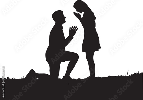 man kneeling and proposing to a woman in a field