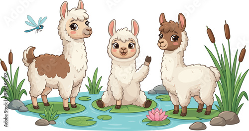 Cartoon vector illustration of three playful llamas near pond with lotus flower, cattails, dragonfly, and rocks