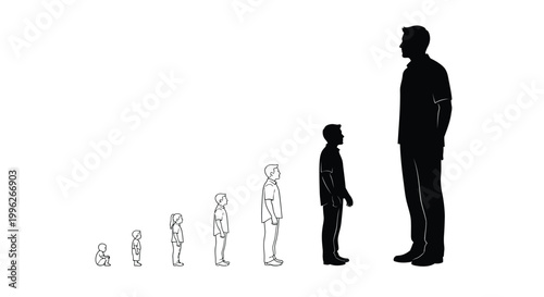 Human growth stages depicted with figures of increasing size silhouette