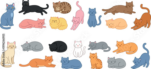 Cartoon vector illustration of eighteen colorful cats in playful poses arranged in rows with diverse fur patterns