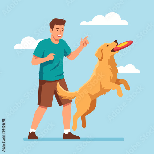 фотографія A joyful boy engages with his golden retriever in a playful moment, showcasing the bond between humans and animals in a bright, cheerful outdoor setting