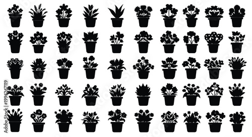 Assortment of potted plants in a grid pattern black color silhouette