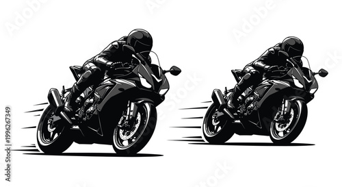 Two sport motorcycles in dynamic motion captured as a striking silhouette