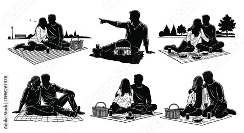 Couples enjoying picnics in a park depicted in a striking silhouette
