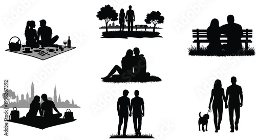 Romantic couples enjoying outdoor scenes picnics and walks a silhouette