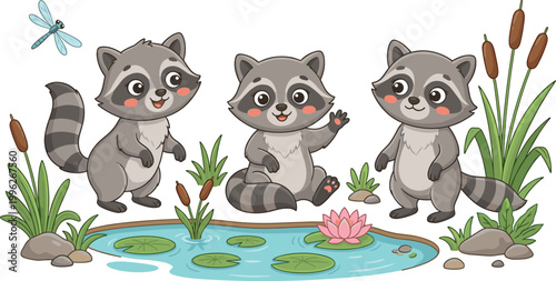 Cartoon vector illustration of three playful raccoons near pond with lotus flower, cattails, dragonfly, and rocks