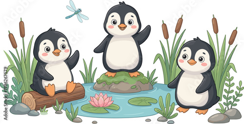 Cartoon vector illustration of three playful penguins near pond with lotus flower, cattails, dragonfly, and rocks