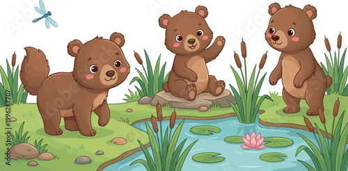 Cute cartoon bear cubs playing by forest pond with reeds lily pads and dragonfly vector illustration