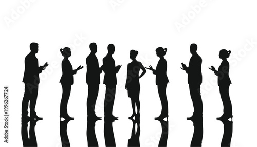 Business people stand in a line to represent networking and professional communication processes.