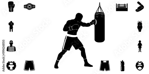 Boxer Training on Heavy Bag Silhouette Vector - Fitness Punching Icon