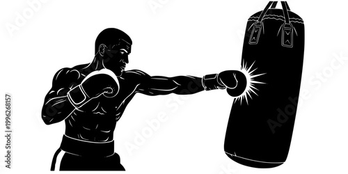 Boxer Training on Heavy Bag Silhouette Vector - Fitness Punching Icon