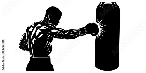 Boxer Training on Heavy Bag Silhouette Vector - Fitness Punching Icon