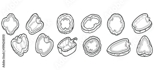 Collection of sliced bell peppers showing different shapes and colors in a top and side view illustration.