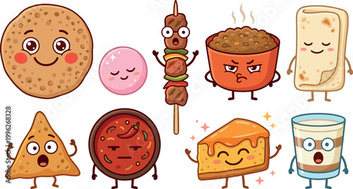 Cute Kawaii Food Characters Set Featuring Donut, Candy, Skewer Kebab, Rice Bowl, Bread Roll, Samosa, Curry, Cheese Cake and Milk Drink Cartoon Vector Illustration
