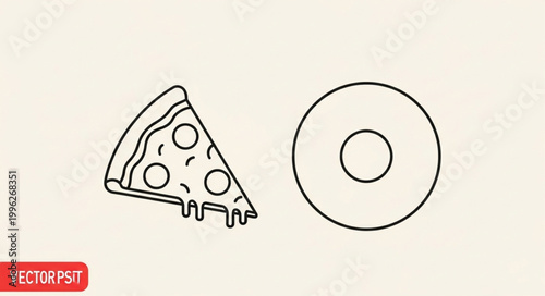 Simple Line Drawing of a Pizza Slice and a Donut.