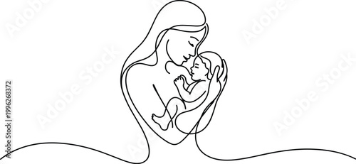 Mother holding baby in continuous line art style child