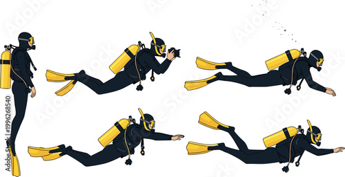 Scuba Diver in Various Poses Including Swimming, Diving, and Photography with Yellow Diving Equipment and Fins