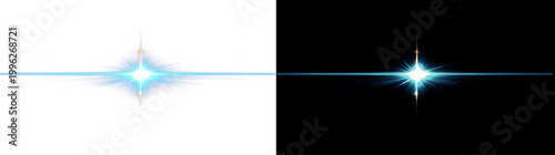 Brilliant blue and cyan light flare with lens flare and bokeh on transparent and black backgrounds.
