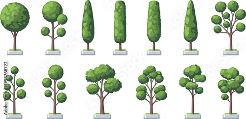 Potted Garden Tree Collection Various Shapes Green Topiary Pixel Style Vector Illustration