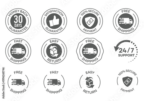 E-commerce Trust Badge Set - Shopping Icons for Free Shipping, Money Back Guarantee, Secure Payment, and Customer Support
