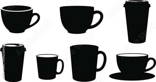 Black coffee cups and travel mugs set isolated on white background, Vector