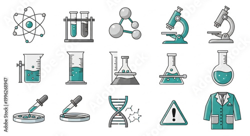 Collection of science and laboratory icons and symbols.