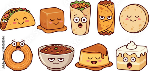 Cute Kawaii Food Characters Collection Featuring Taco, Caramel, Burrito, Wrap, Flatbread, Donut, Rice Bowl, Pudding and Cake Cartoon Vector Illustration Set