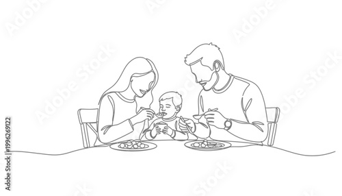 Family eating together in a minimalist one line illustration style
