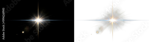 Bright shining starburst effect with lens flare and light streaks on black background.