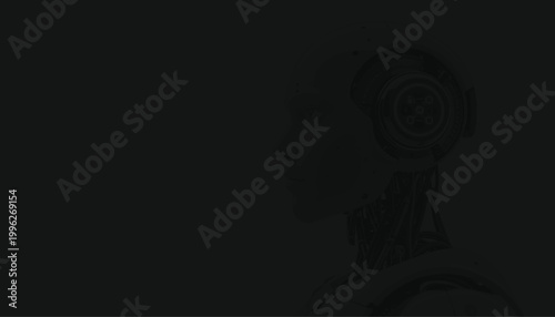 Android head profile appears as a sophisticated digital silhouette against a dark background.