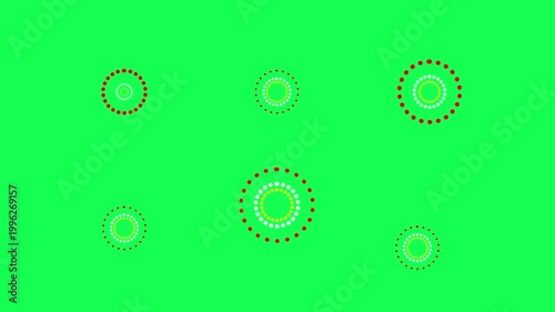 Colorful circle fireworks line blast animation on green transparent background. Circle bursting geometric effects. Shiny circle burst and firework explosion animation loop for graphic overlay element