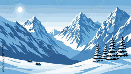 Snow-Covered Mountain Landscape with Pine Trees, Snowy Peaks, and Winter Scenic View Under Clear Blue Sky