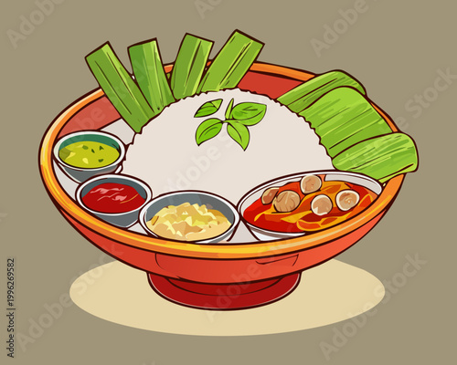 Bilde på lerret Savory rice platter with grilled meat and assorted vegetable sides for a traditi