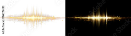 Abstract golden light equalizer effect, sparkling energy wave on black background.